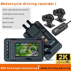 3'' IPS Screen Motorcycle Driving Recorder 2K HD ADAS BSD Blind Spot Warning GPS Track Waterproof Recorder  Loop Recording