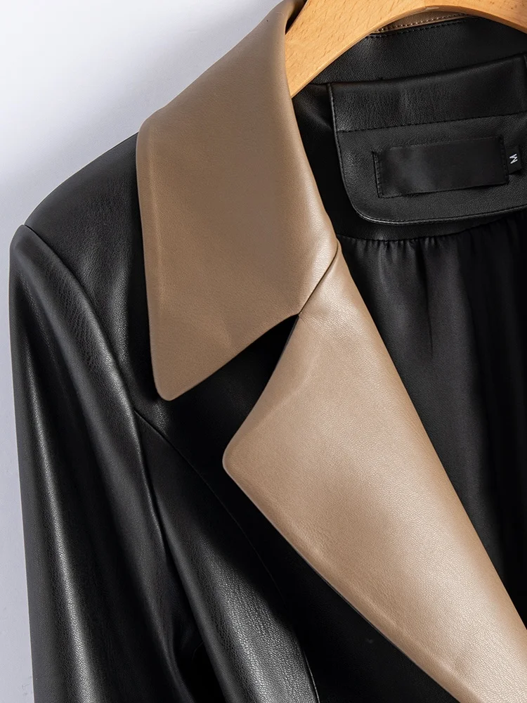 Manteau en cuir véritable Haining pour femme, coupe mi-longue, en peau de mouton, coupe-vent, nouvelle collection automne 2025, col tailleur, ceinturé