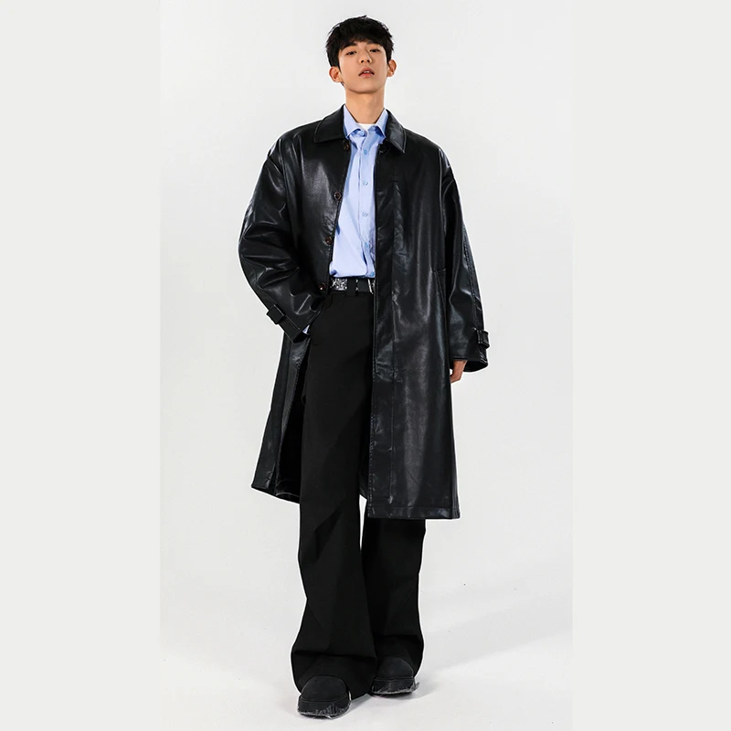 Mens PU Trench Coat 2025 Autumn Winter Windproof Long Outerwear Jacket Fashionable Trendy Leather Coat For Men