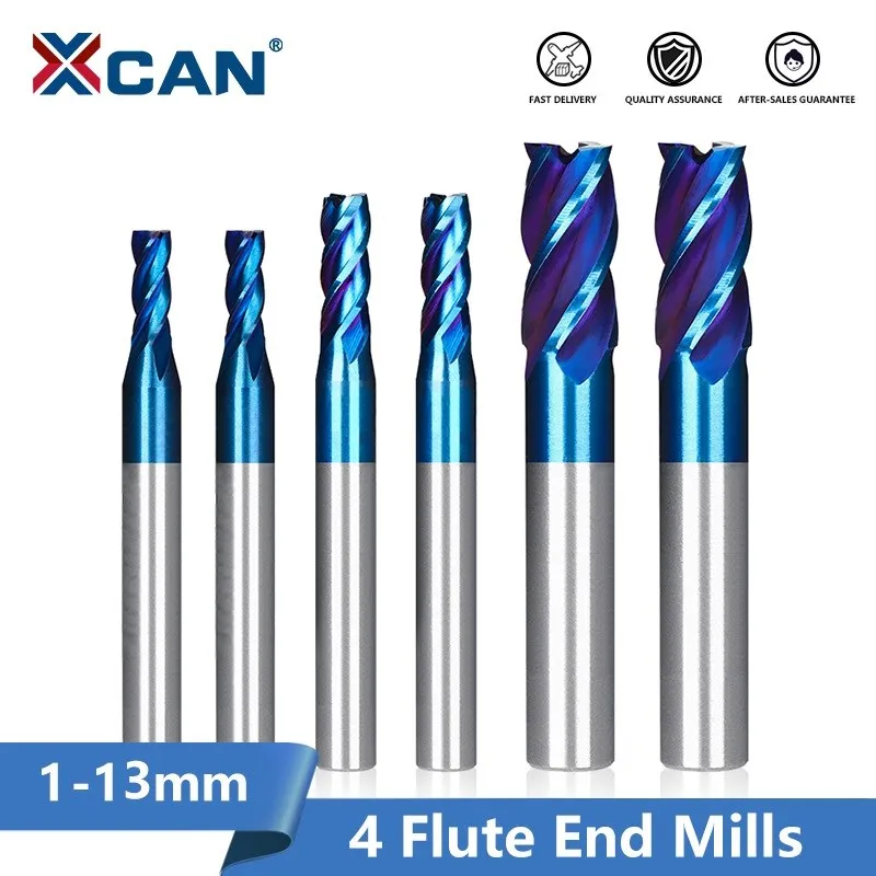 XCAN HSS End Mills 1pc 2-13mm HSS Metal Cutter Aluminum Milling Tool Milling Cutter CNC Router Bit 4 Flute End Mills