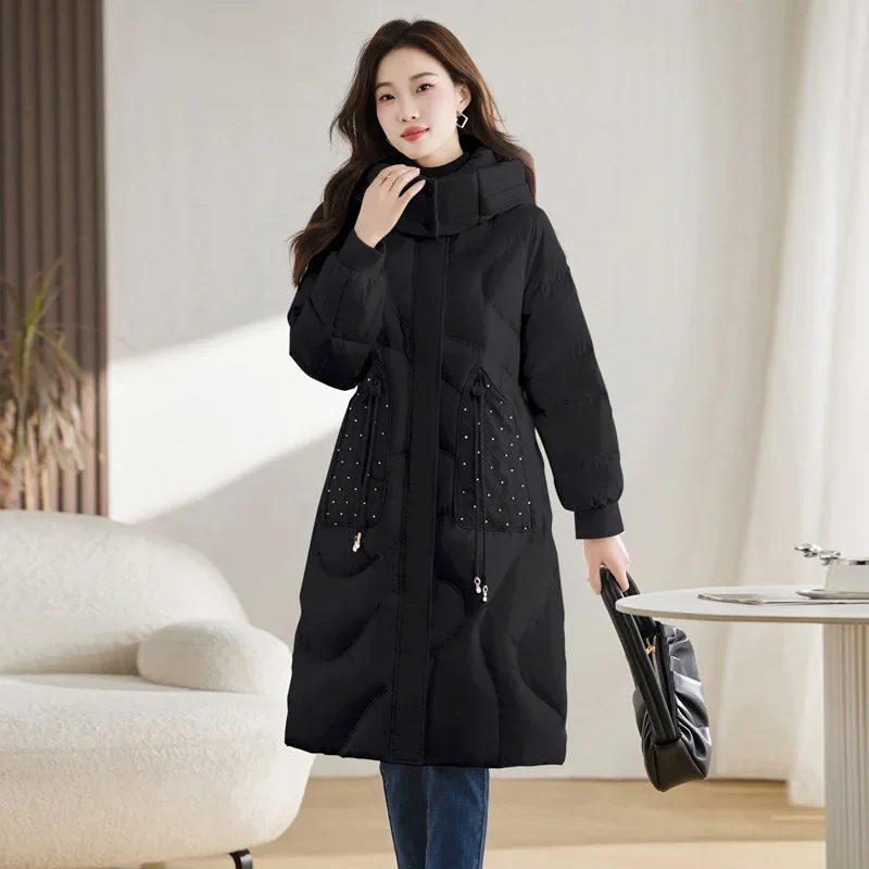 

Winter New Fashion European Women Down Coat Hooded Thickened Mid Length 95% White Duck Down Women Coat High End Warm Women Parka