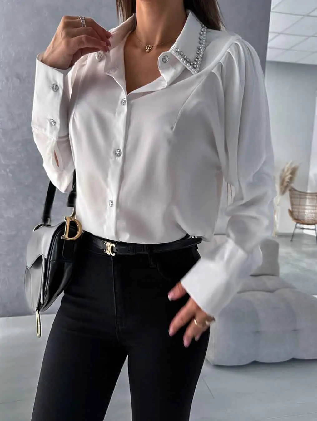 

Spring Autumn Diamond-encrusted Shirt Office Ladies Fashion Single-breasted Long-sleeve Shirts For Women White Casual Loose Tops