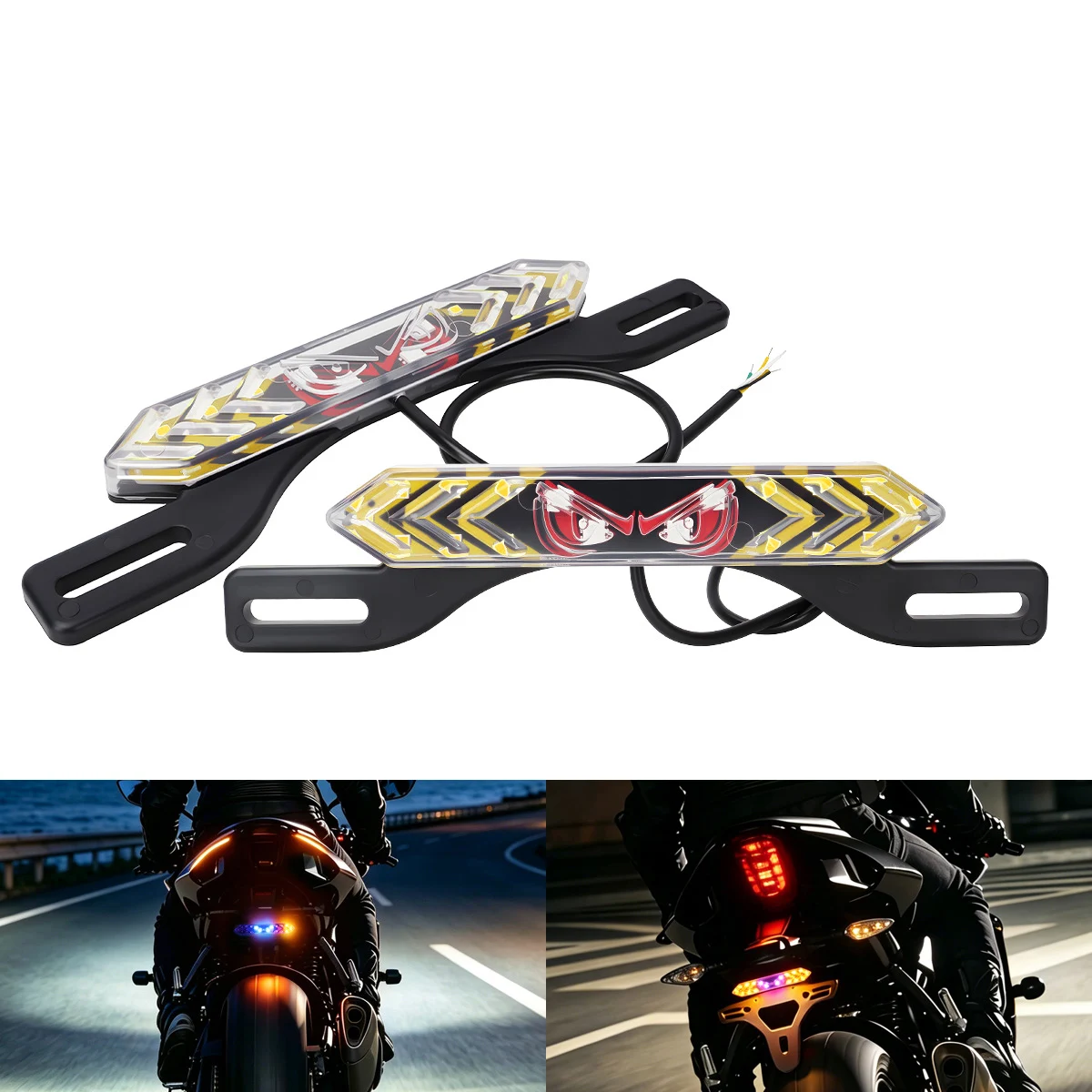 Motorcycle LED Devil Eyes Tail Light License Plate Light Water Flowing Universal LED Flashing Brake Light Safety Turn Signals