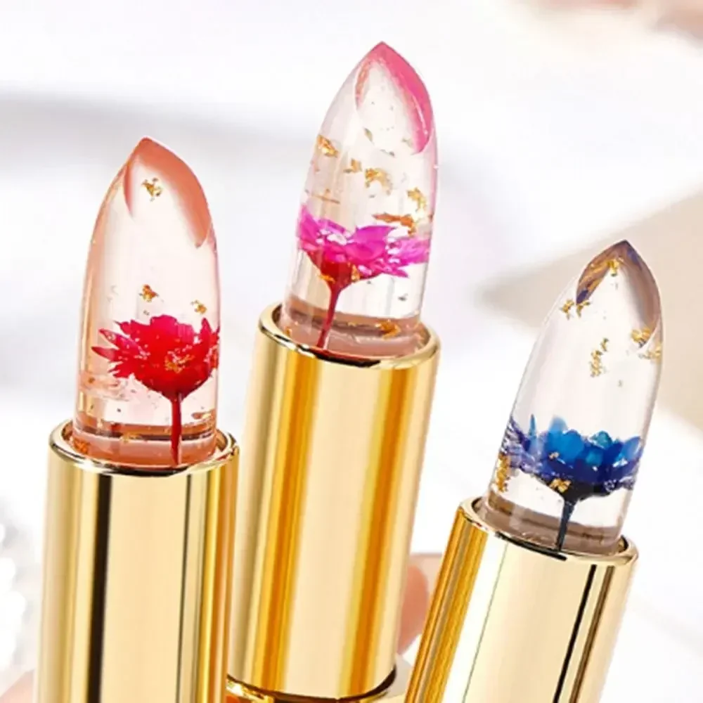 Rossetto trasparente con fiori di gelatina Balsamo per labbra idratante a lunga durata Nutriente Tazza antiaderente Rossetto in lamina d'oro per le donne