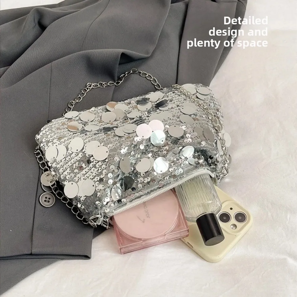 Casual Sequin Shoulder Bag Large Capacity Lightweight Chain Crossbody Bag Solid Color Female Handbag For Evening Party