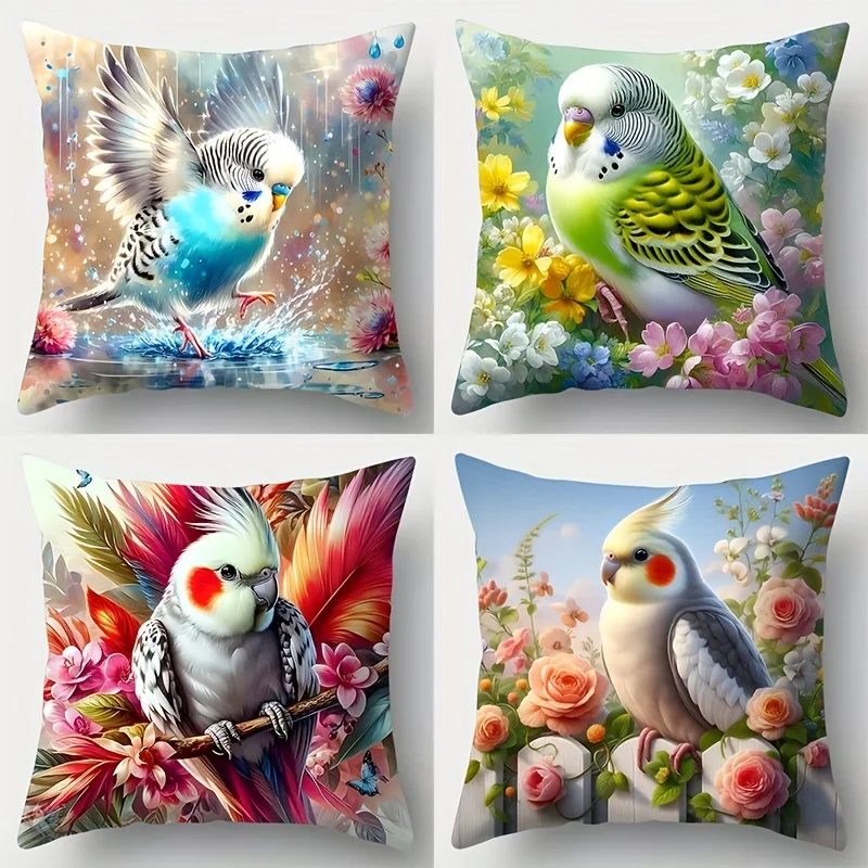 4Pcs Parrot & Floral Pillow Covers - Modern Single-Sided Print, Zipper Closure, Hand Washable, Polyester Material for Home Decor