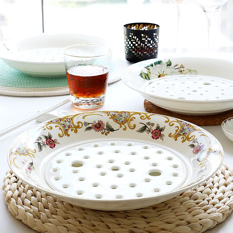 

Большая двухслойная тарелка для пельменей из костяного фарфора с дренажем, для домашнего использования, глубокая, универсальная, роскошная, новая модель, поднос для пельменей