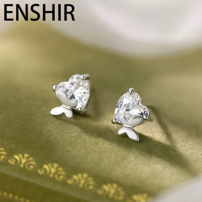 ENSHIR Smooth Heart Butterfly Zircon Stud Earrings For Women Korean Sweet New Trend Luxury Design Jewelry Gift Wholesale