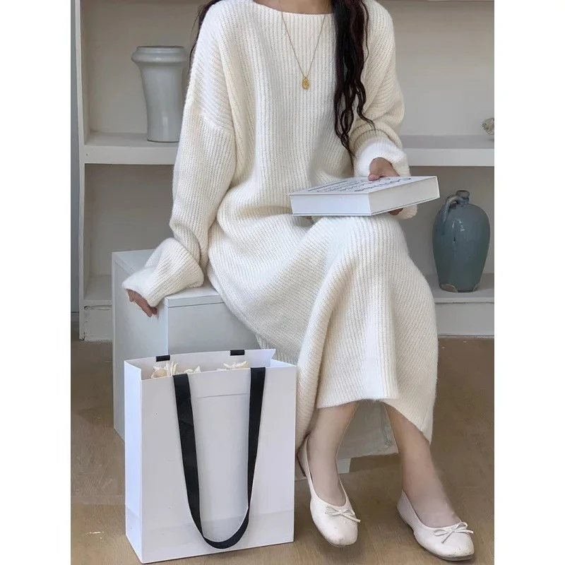

Loose Slight Strech Office Lady Casual 2025 Autumn Winter Women Knitted Dress Solid Dresses Round Neck Long Sleeve Ankle Length