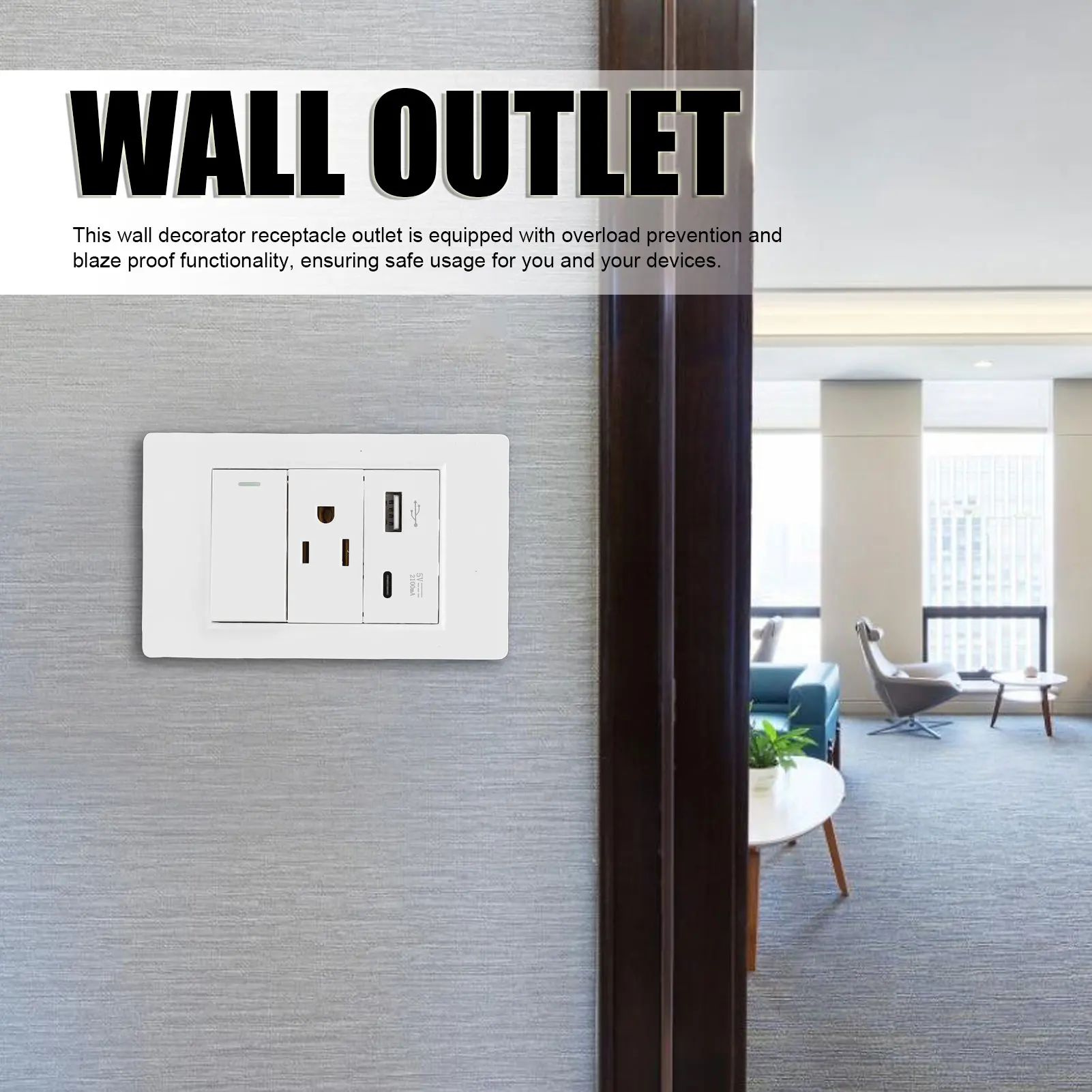 Wall Outlet Wall Outlet with Single Control  15A 3 Prong AC 10W USB Type C 2.1A Port Wall Receptacle Outlet