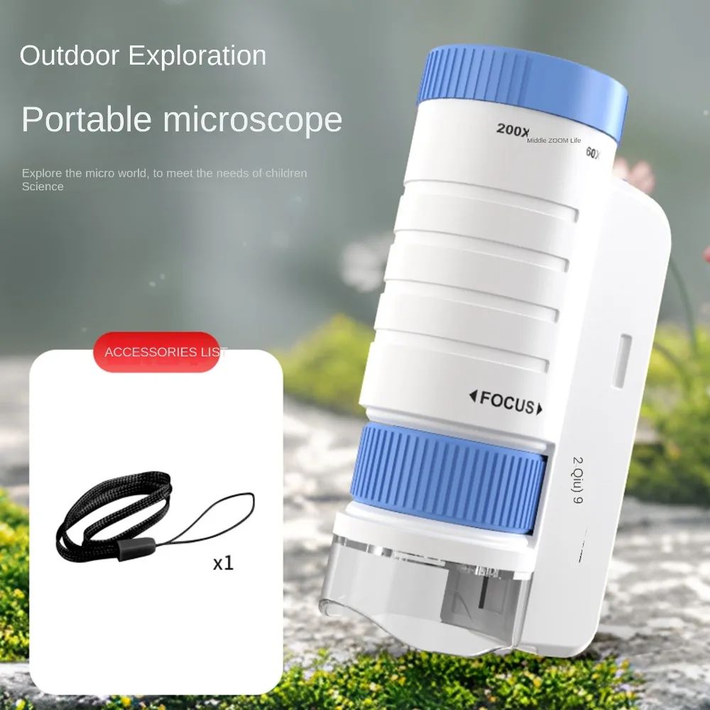 

60-200x Magnification Pocket Microscope LED Light Optical HD Handheld Microscope Battery Powered Portable Design