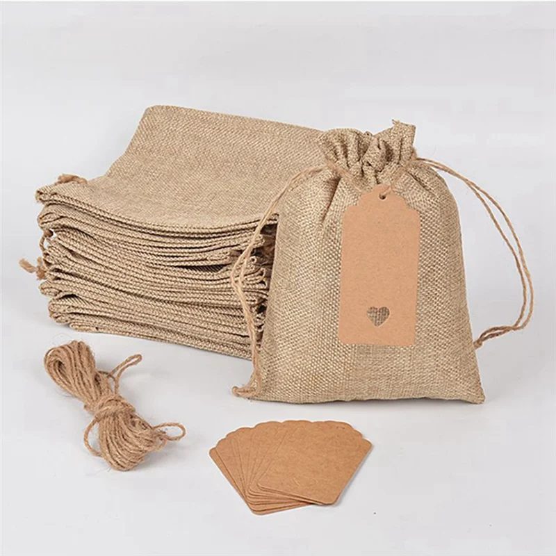 ABUU-25 Pack Small Bags With Paper Tags Christmas New Year Party Favors Thanks Drawstring Bags Jewelry Packaging Bags