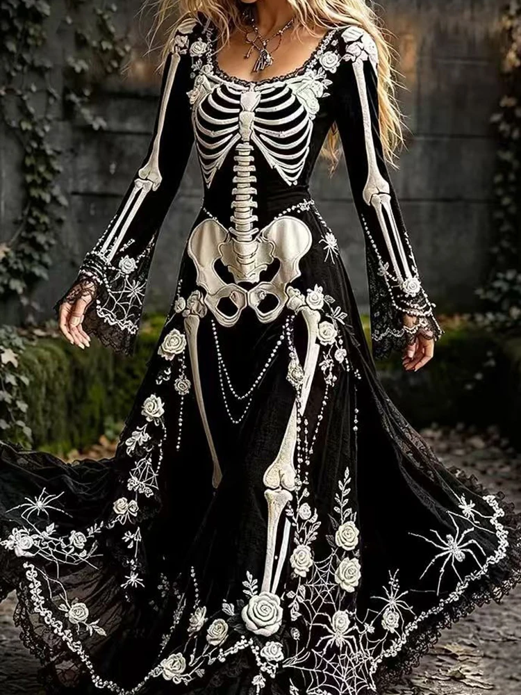 Damen Herbst-Feiertagskleid mit Halloween-Print, Patchwork-Maxikleid, O-Ausschnitt, Party-Chic, lange ausgestellte Ärmel, Allerheiligen-Tag-Kleid, Streetwear