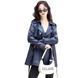 2023 Spring Autumn Sheepskin Jacket Women Genuine Leather Coat Loose Windbreaker Mid-Length Lady Belt Casual Tops Cloak Outwear