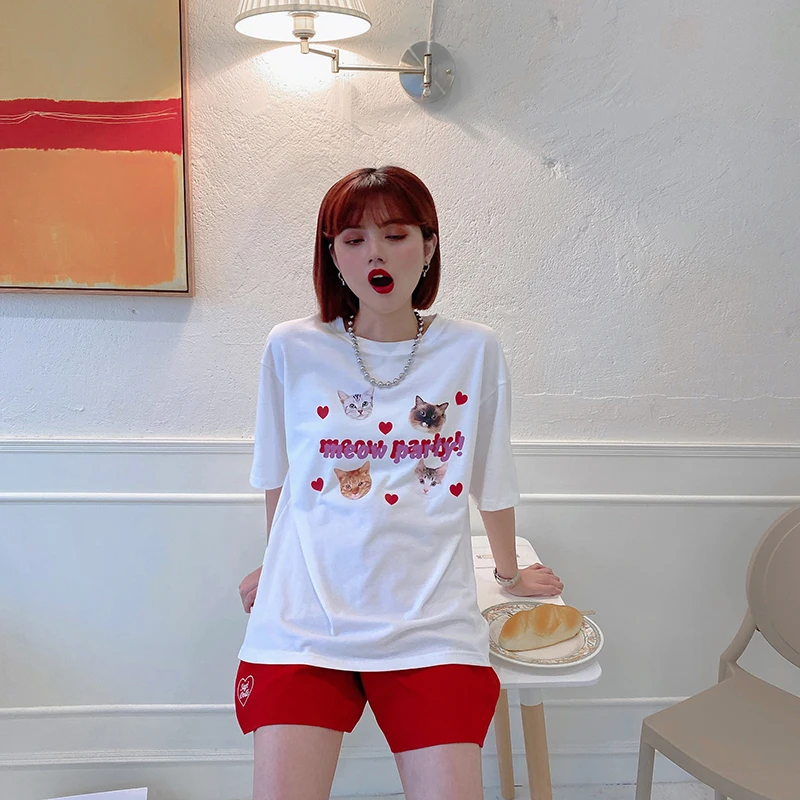 Summer T Shirt Women Female Shirt Cute Cat Graphic Crop Top Base O-neck White Kawaii Tees Ulzzang Funny Girl Tshirt Harajuku Y2k