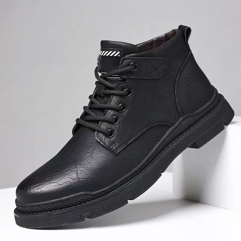 Men Autumn Winter New High Top Lace Up Work Boots Soft sole Round Toe Thicken Plush Warm Ankle Boots Real Leather Cotton Boots