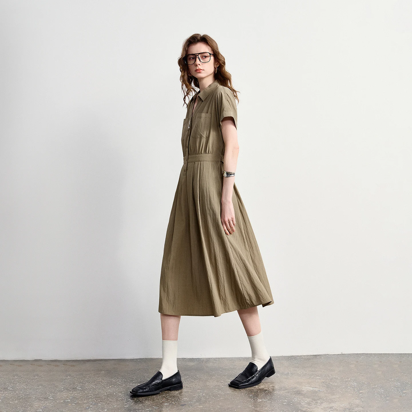 TOYOUTH Women Textured Waist Dress 2026 Summer New Retro High Intellectual Temper Continuous Sleeve Commute Midi Dress