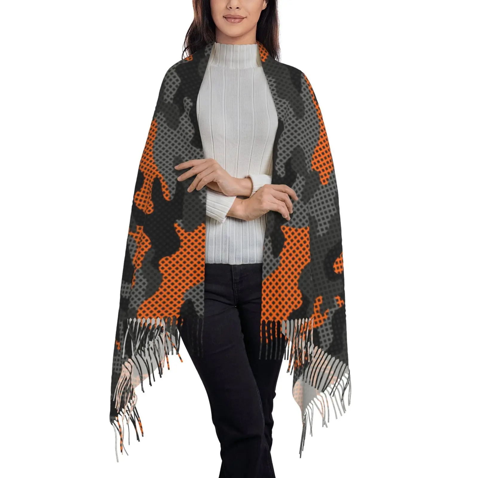 Orange Black Camo Print Tassel Shawl for Women Soft Warm Scarf Lightweight Wrap Stole Daily Party Wear