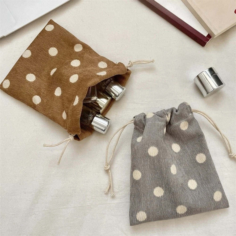 Dots Pattern Corduroy Drawstring Makeup Bag Cute Portable Travel Cosmetic Toiletry Organizer Storage Pouch for Accessories
