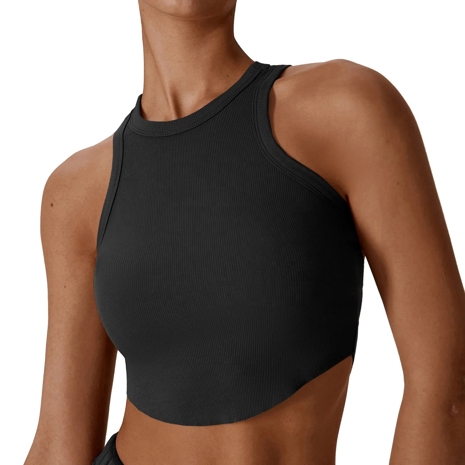 Women Scoop Neck Soft Compression Crop Ribbed Running Tank Tops New Gym Blazer Outdoor Mountain Climbing Exercise Yoga Top