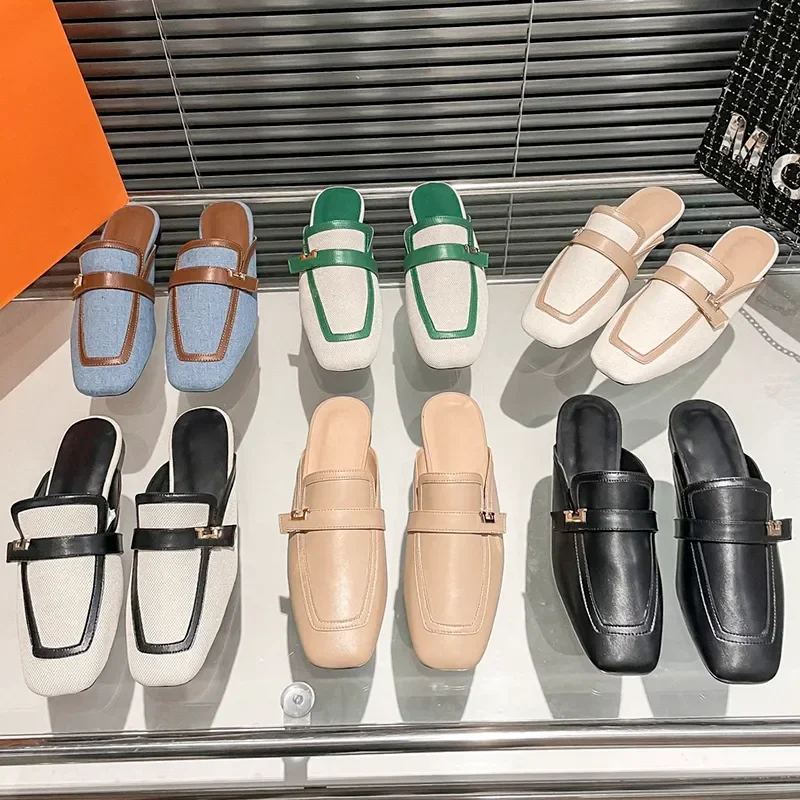 

Womens Designer Groupie Mules Luxury Flat Slides Slippers Classics Leather Slide Beige White Black Canvas Nude Goatskin Women Fa
