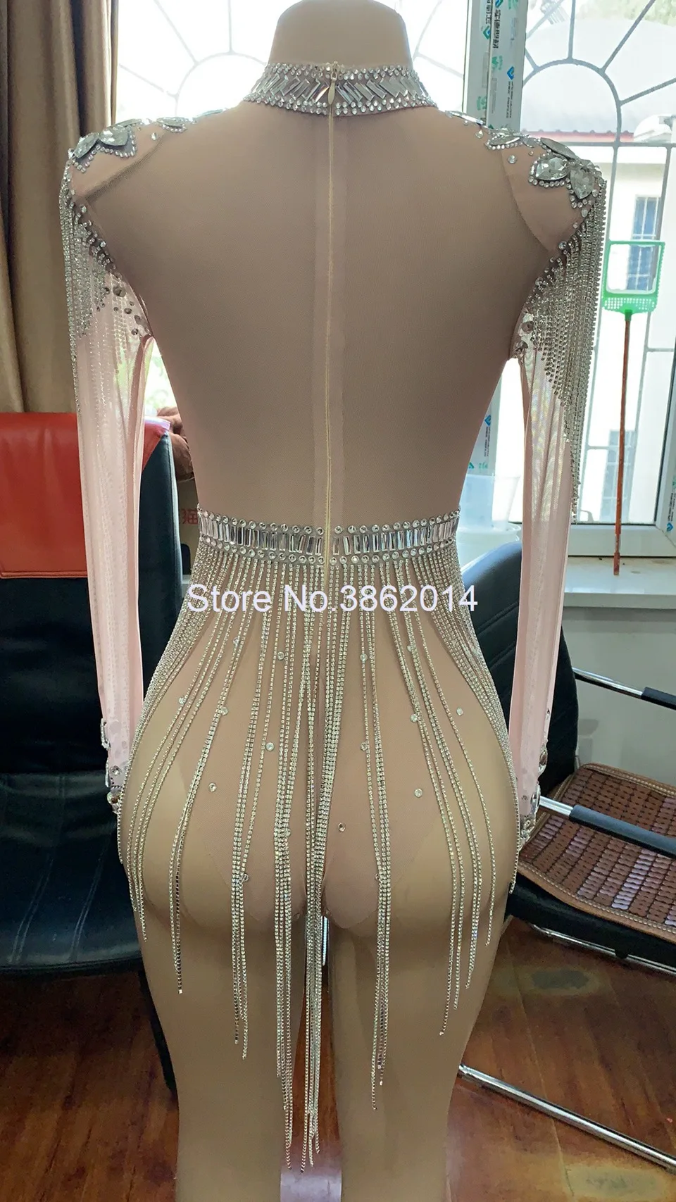 Sexy malha de luxo strass festa aniversário macacão triângulo garfo alto palco desempenho terno vestido gala noche mujer elegante