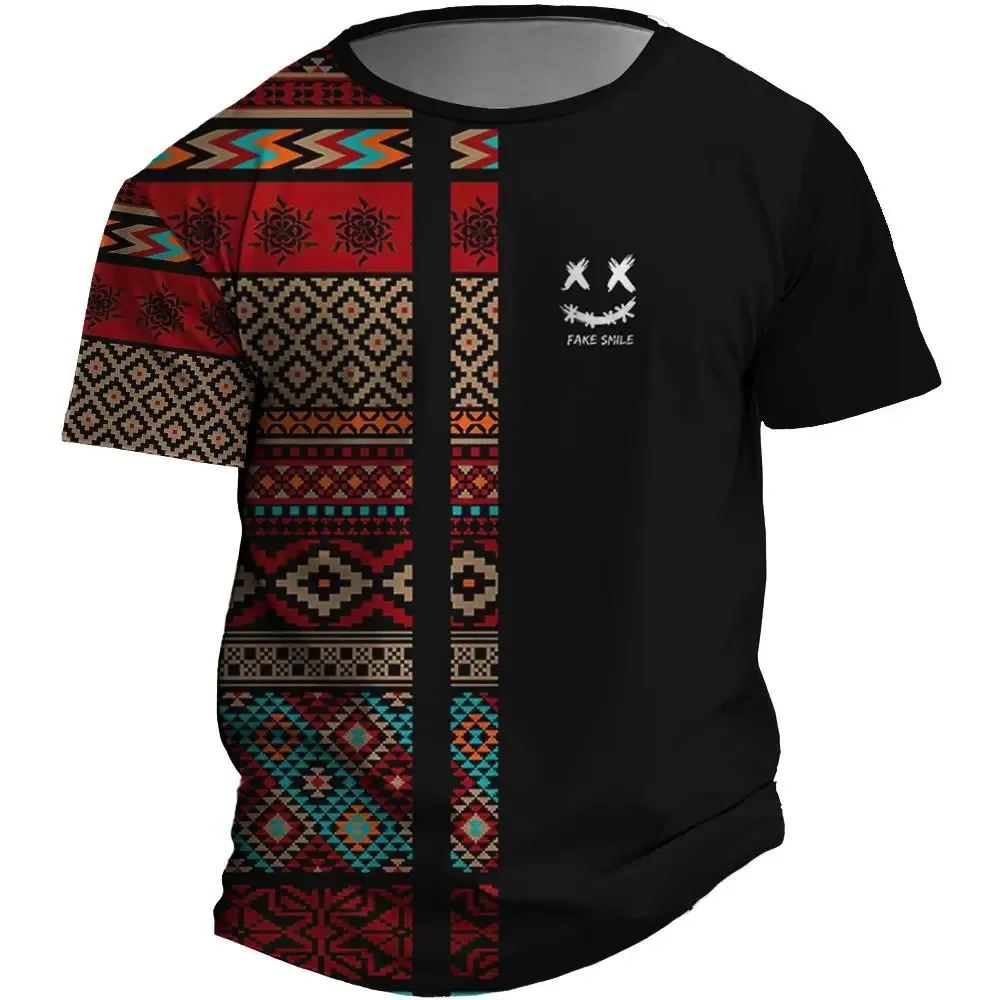 

2024 Vintage Men's T-Shirt Ethnic Style Printed T-Shirts For Men 3d Stripe Short Sleeved Tops Tees Retro harajuku Men's Clothing