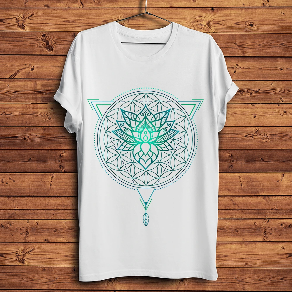 Geometric Triangle Lotus Flower of Life Mandala t shirt men new white casual homme cool symbol t-shirt unisex