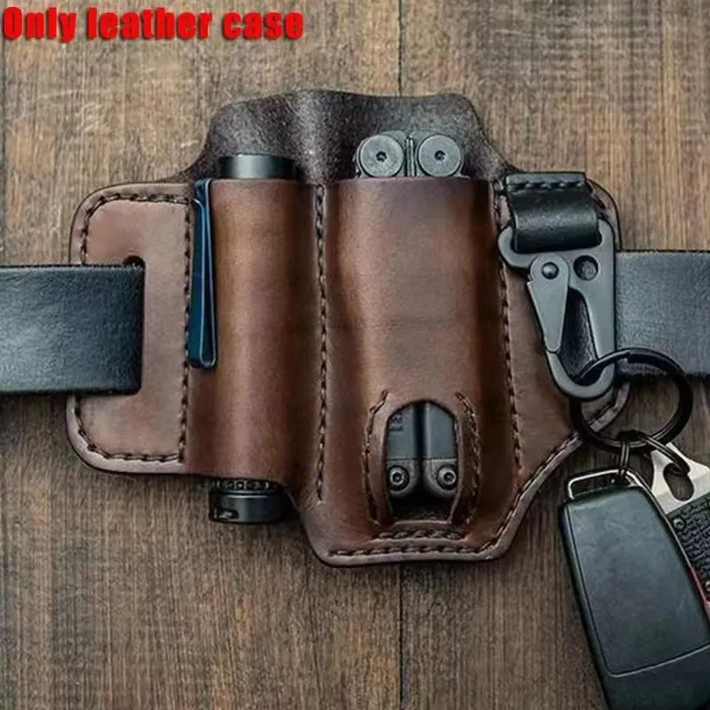 Portable EDC Leather Belt Holster, Tool Organizer Pocket with Pen, Flashlight, Keychain for Outdoor Use