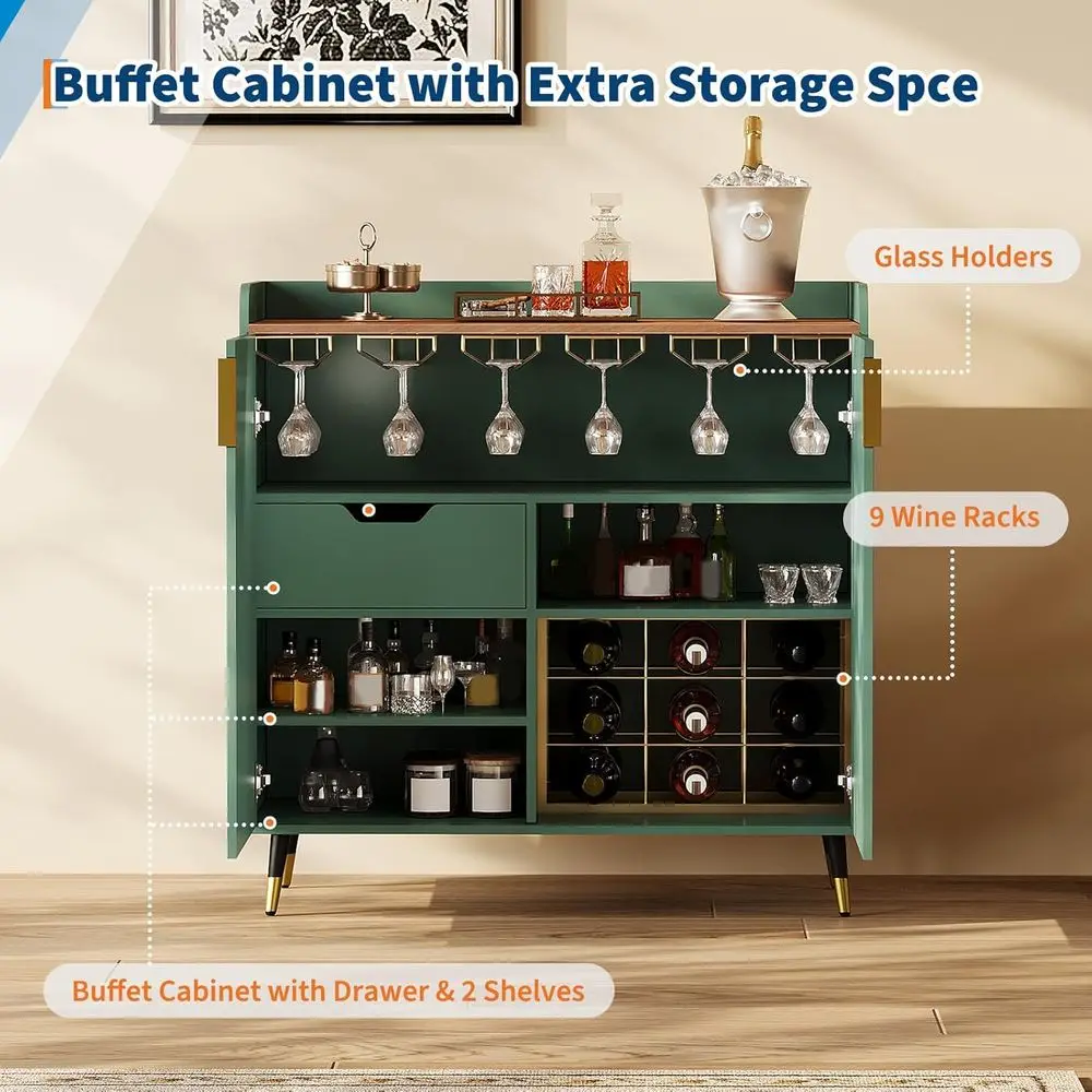 Green Small Sideboard: Wine Rack, Glass Holder, Storage for Dining or Living Room