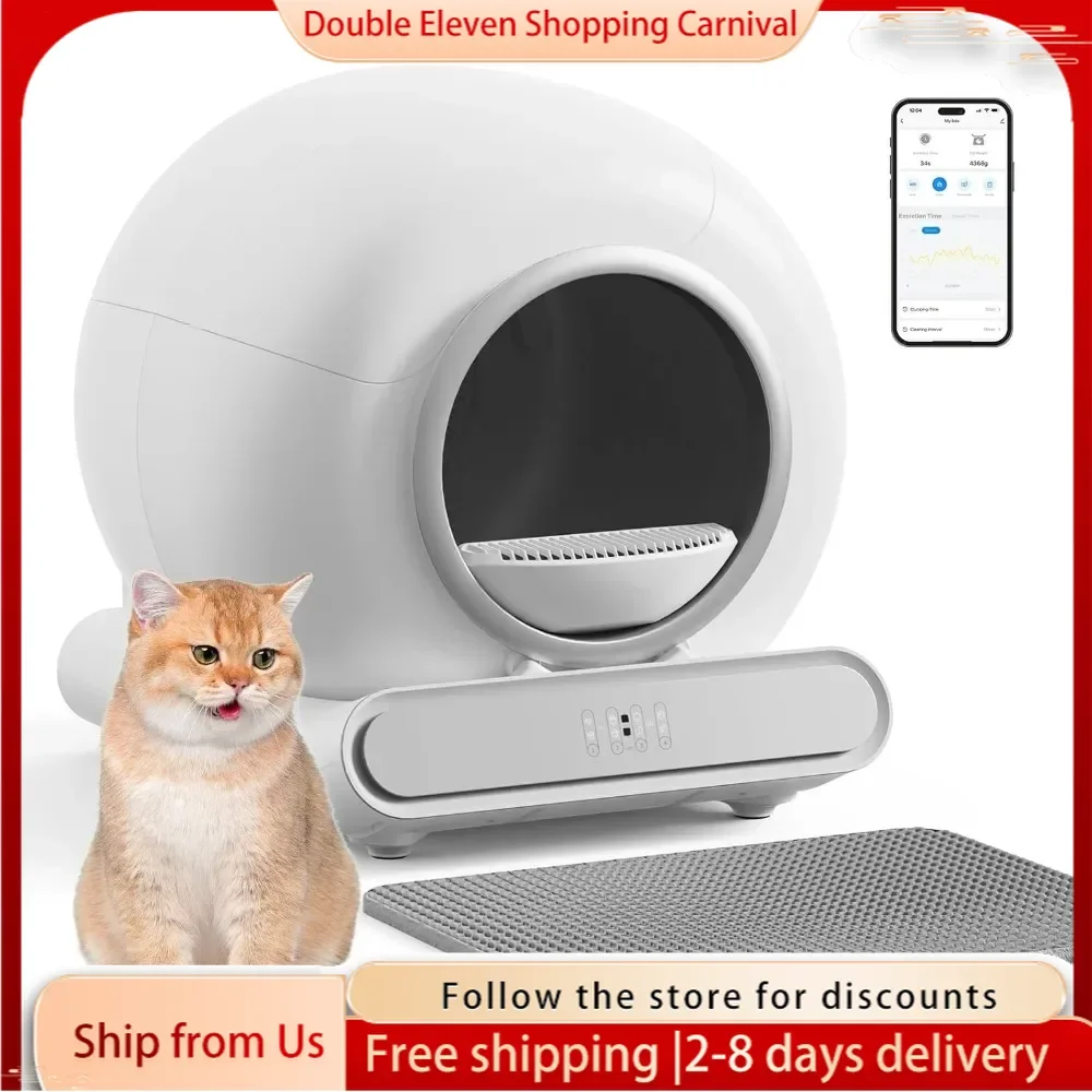 Self Cleaning , Automatic Cat Litter Box with Mat & Liners, 65L+9L Large Capacity Self Cleaning Litter Box, APP Control - White