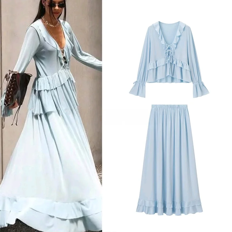 

New Summer Women's Faion Set V-ne Long Sve Midi Skirt+Top Layered Decoration Long Sve Midi f Skirt Set