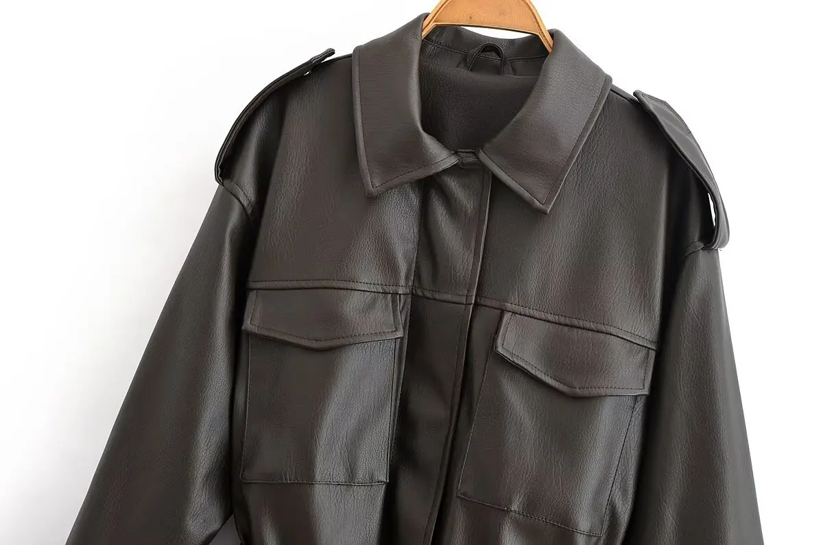 سترة جلدية مزينة بحزام وياقة مقلوبة للسيدات جديدة لعام 2025، قهوة سوداء، خيارات لونين، تصميم بقصة ضيقة #3