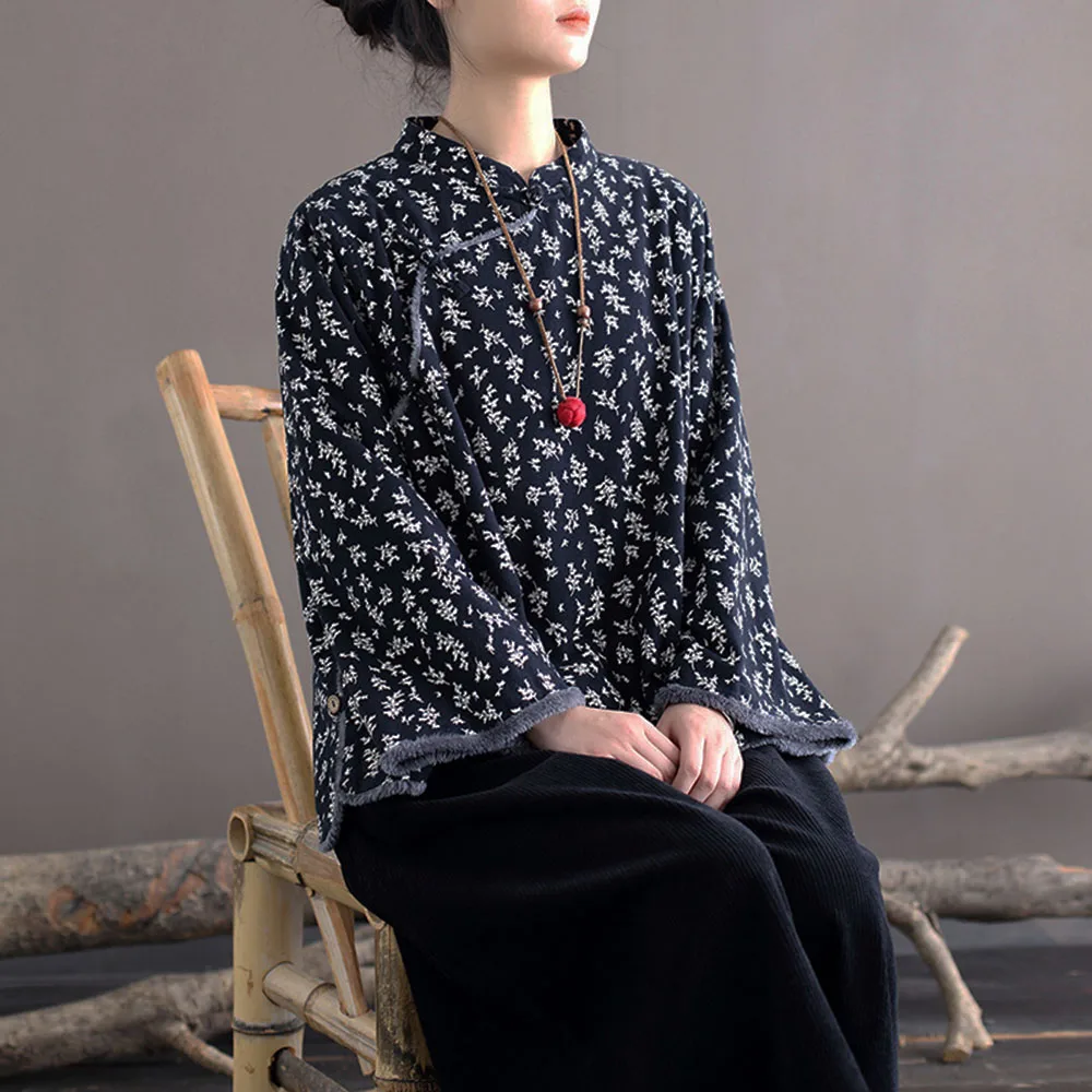 

Pastoral Autumn Women's Cotton Small Floral Thin Fleece Side Cardigan Frog Button Shirt Vintage Loose Jacket Casual Short Coat