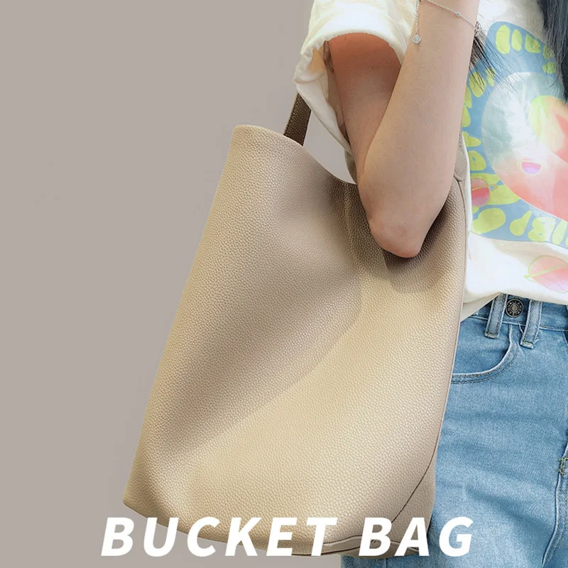 Minimalist Khaki Pebbled Genuine Leather Bucket Tote Bags Soft Slouchy Single Shoulder Hobo Handbag Elegant Casual Work Purse