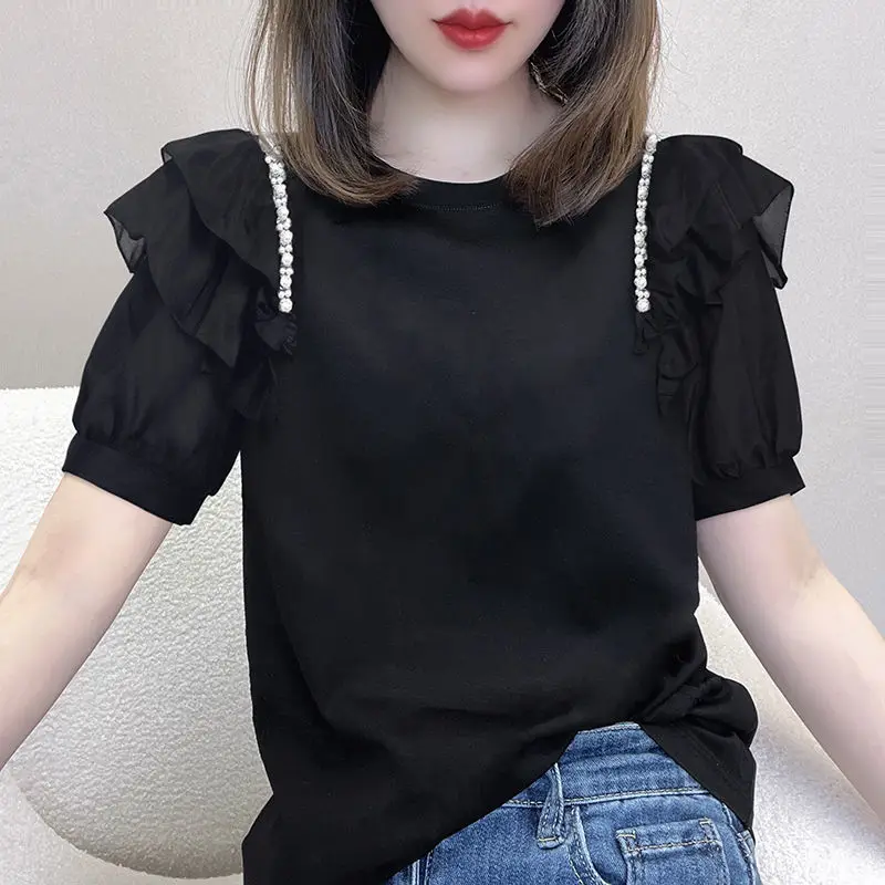 

Summer Fashion Black Ruffles Beading Y2K Lady T-shirt Short Sleeve Patchwork Casual Pullover Women Loose All-match Tee Chic Tops