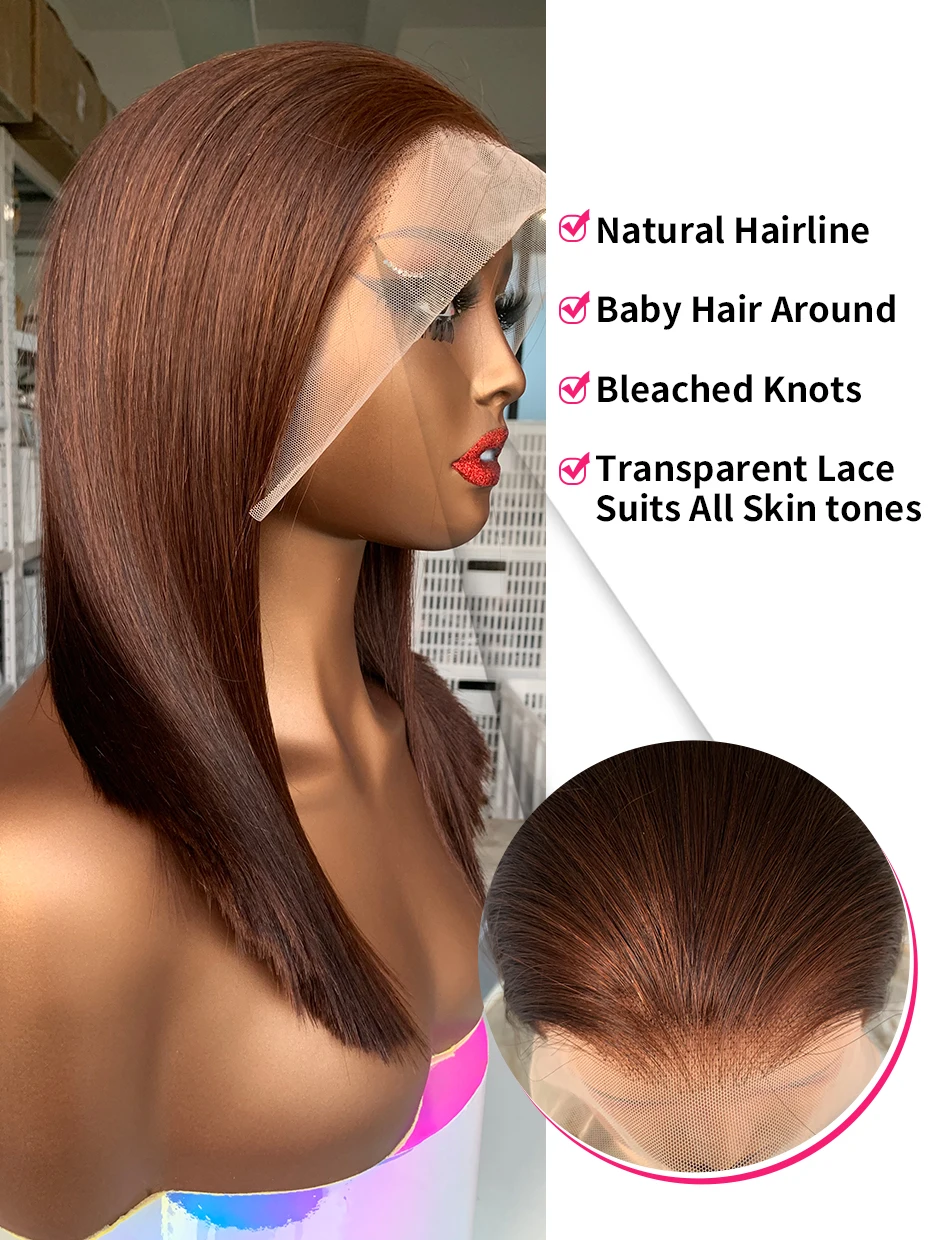 # 2 Bruine Chocolade Kleur 250 Dichtheid Kant Frontale Pruik Echt haar Ruw Vietnamees Dubbelgetrokken 13x4 Bob Kanten Voorkant Pruiken van echt haar