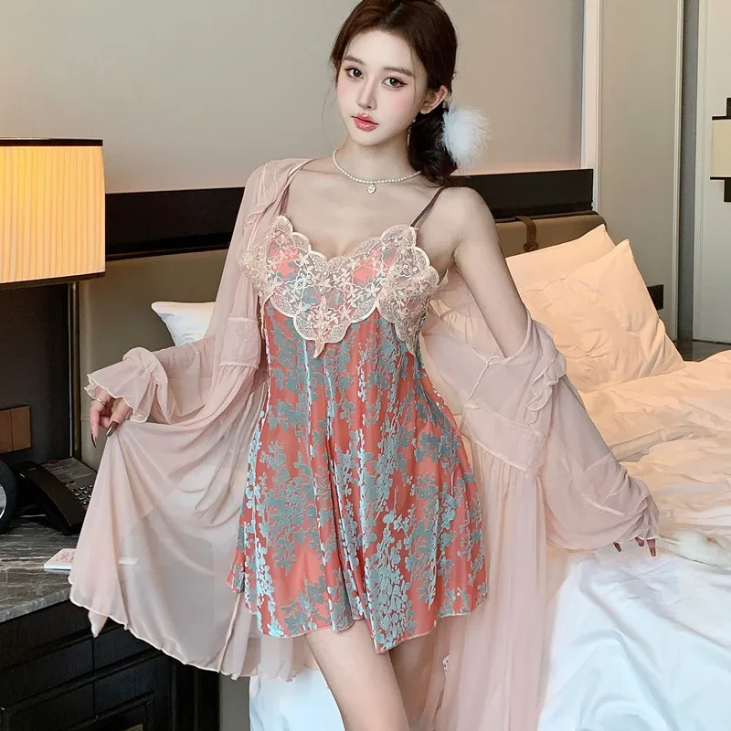 Mesh Nighty&Robe Set Nightgown Sexy Lace Nightgown Lingerie Summer Women Sleepwear Nightdress Rayon Homewear