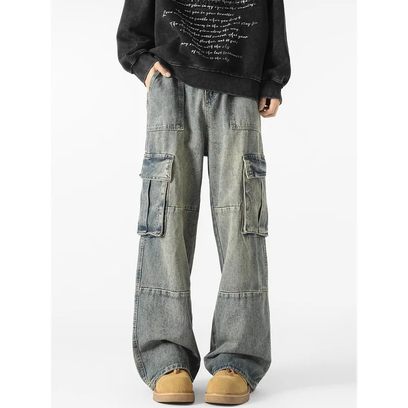 GIOIOMen's Cargo Jeans, Four Seasons American Multi-Pocket Loose Straight Wide Leg Denim Herrenhose