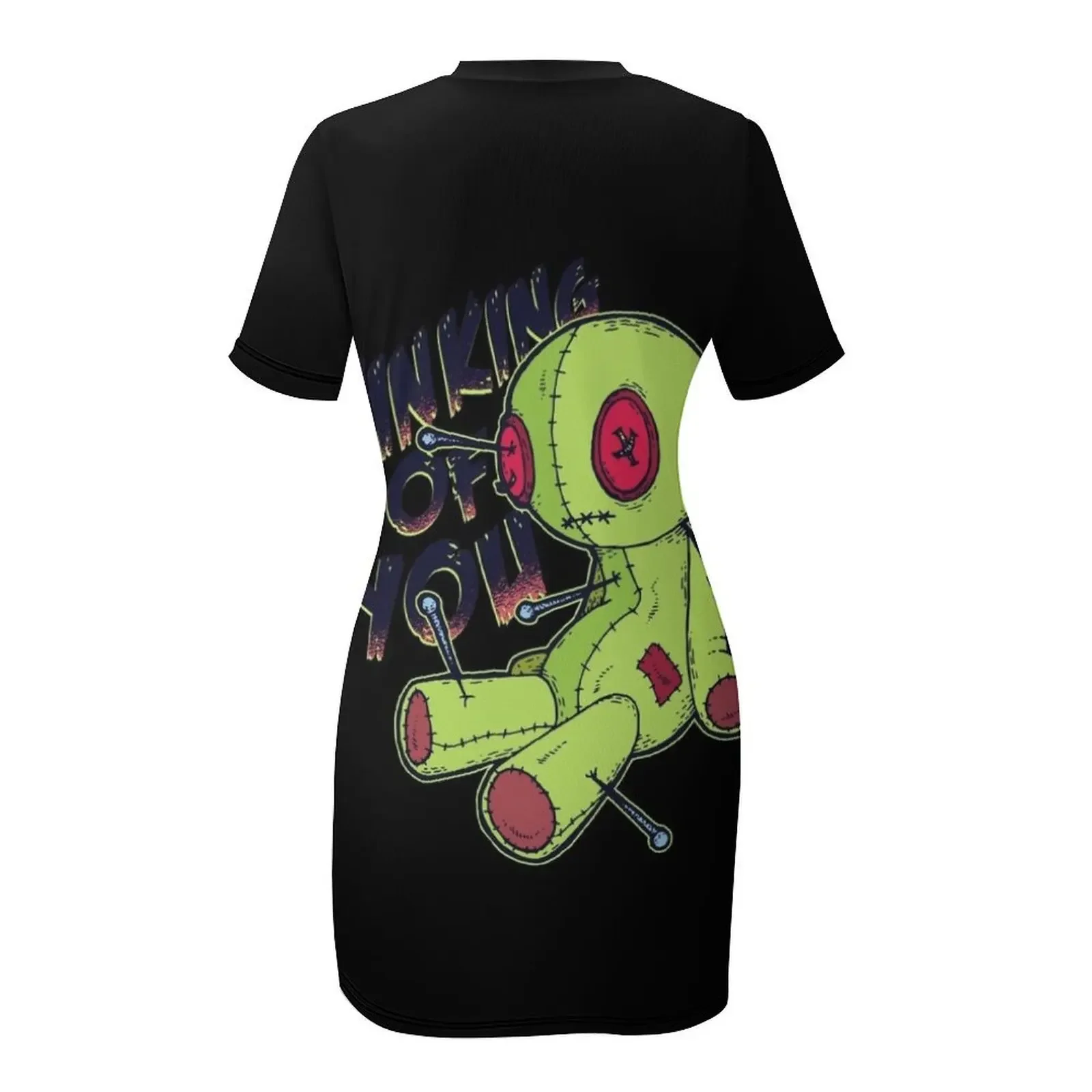 เสื้อยืดลายตุ๊กตาวูดูสยองขวัญแนวโกธิคสำหรับฮาโลวีน ชุดเดรสฤดูร้อนแขนสั้นทรงหลวม