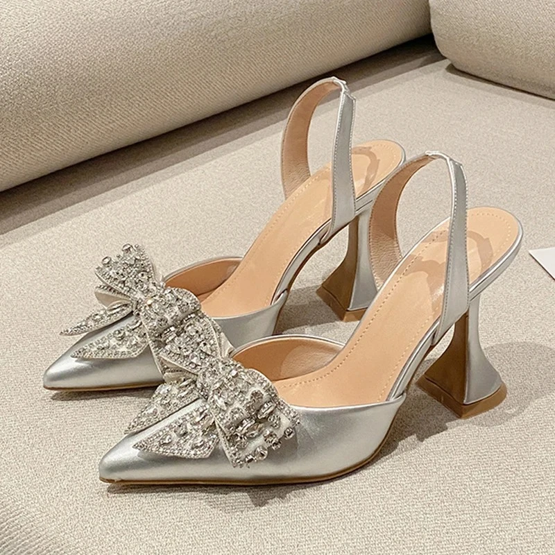 

Luxury Women's High Heels Fashion Glitter Rhinestones Pumps Crystal Bowknot Satin Pointed Toe Shoes for Women Wedding Prom Shoes