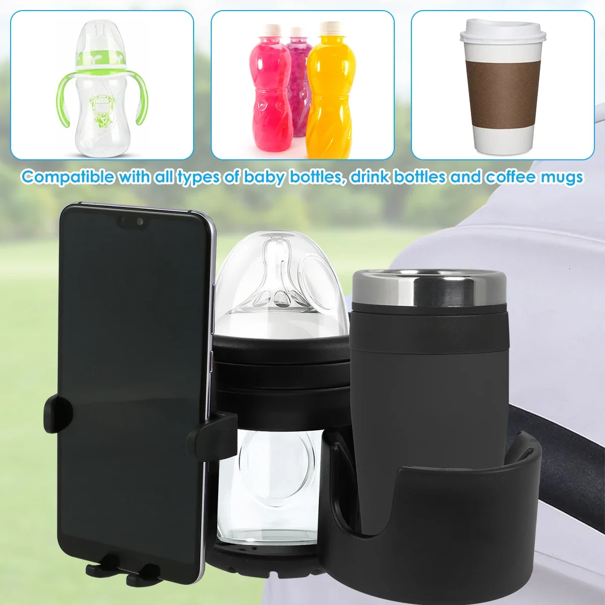 Portavasos para cochecito, soporte Universal para botella de agua para cochecito 360 °   Soporte giratorio para teléfono, organizador de coches de bebé de doble orificio, estante para tazas