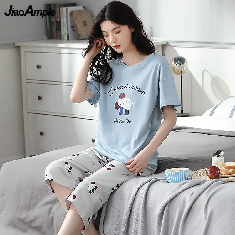 Women's Short Sleeve Cropped Pants Pajamas 2 Piece Set 2022 Summer New Loose Pijamas Korean Cute Sleepwear Home Clothes Suit