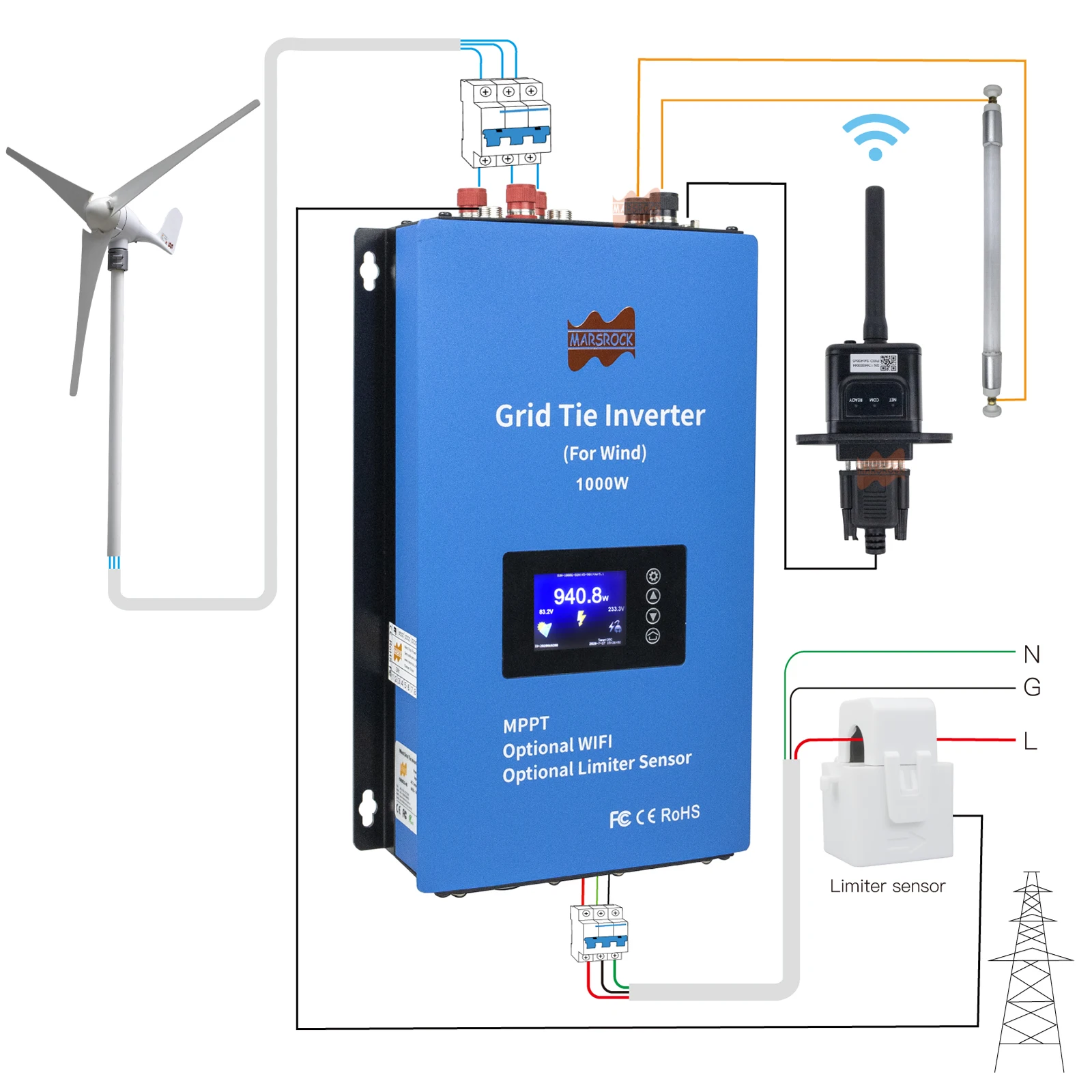 1000W Wind Power Grid Tie Inverter With 3M Limiter Sensor MPPT RS485 110V 220VAC For 24V 48V AC Wind Turbine Generator