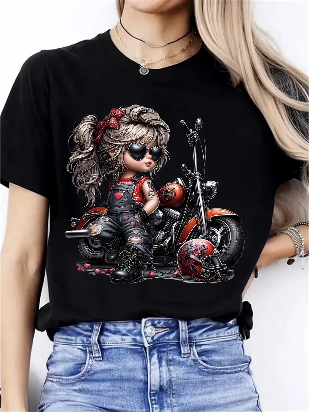 Women's Cute Biker Girl Motorcycle Print T-Shirt, 100% Cotton Casual Short Sleeve Tee, Summer Streetwear Tops CT0106