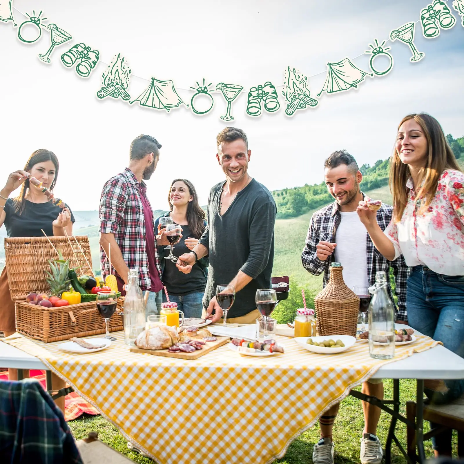 Camp Bachelorette Party Banner, Tent Campfire Ring Cocktail Binocular Cutout Garland, Glamping Bach Party Photo Backdrop Decor