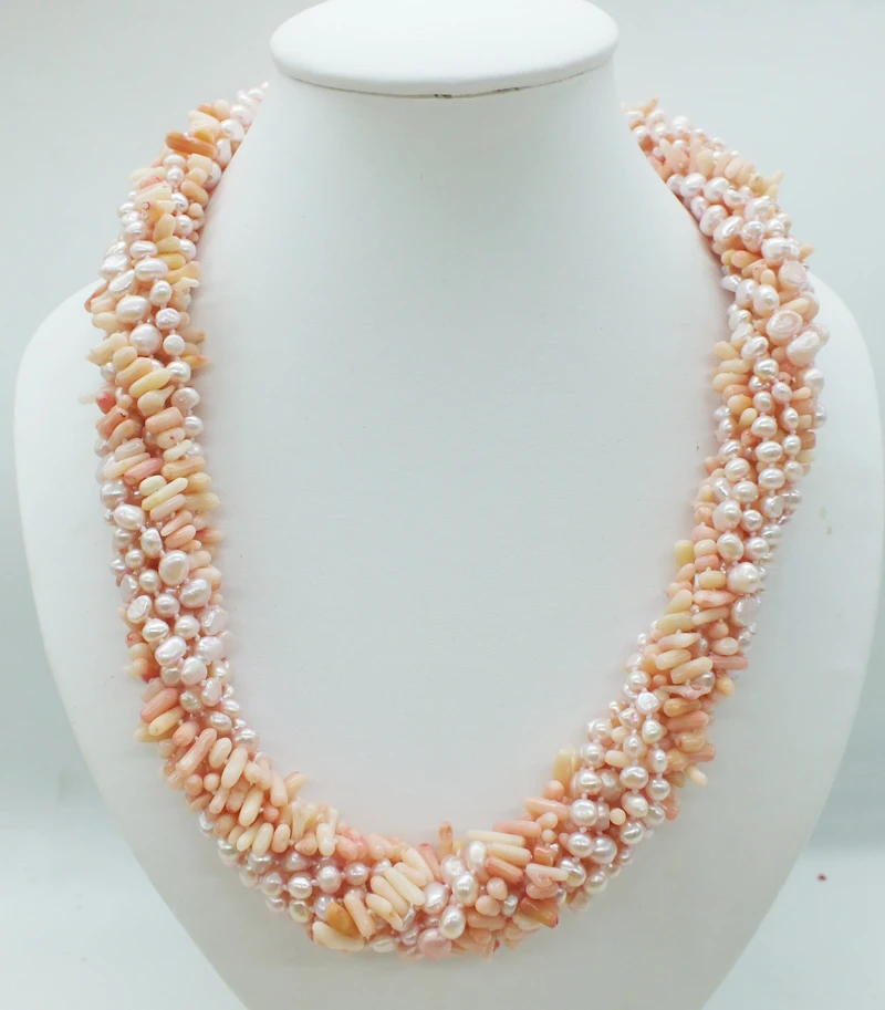 

9 rows 24 inches, natural baroque pink pearls and natural pink irregular coral necklace