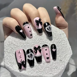 10 Pieces Sweet Cool Style Babes Lace Bow Nail Patch Handmade Fake Nails Stickers Wearing Nail Piece Finished Product Detachable