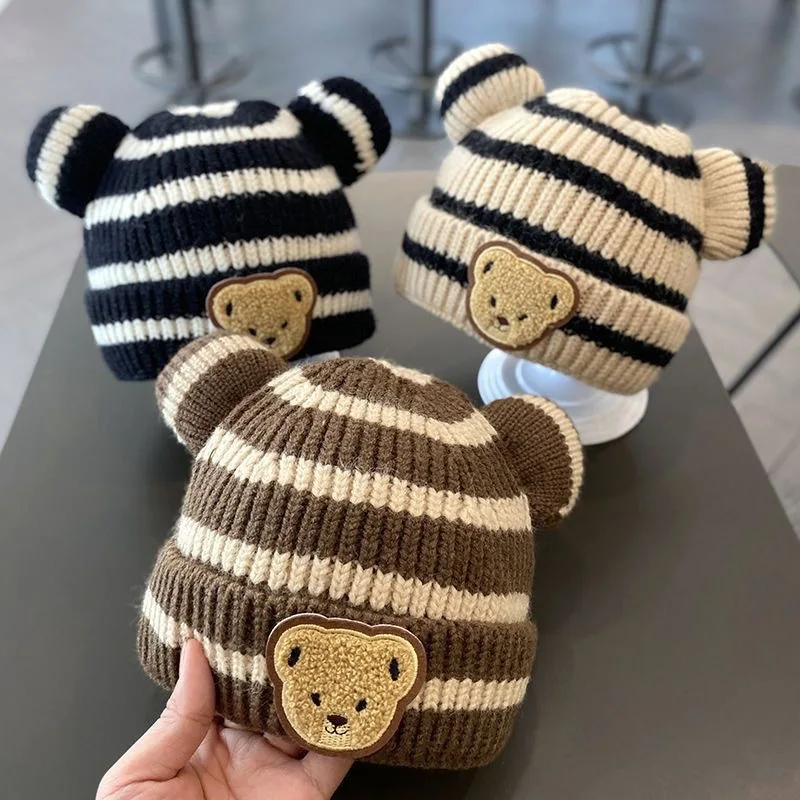 Baby Autumn and Winter Korean Style Children's Knitted Hat Boys and Girls Baby Striped Bear Head Woolen Cap Curling Melon Skin W