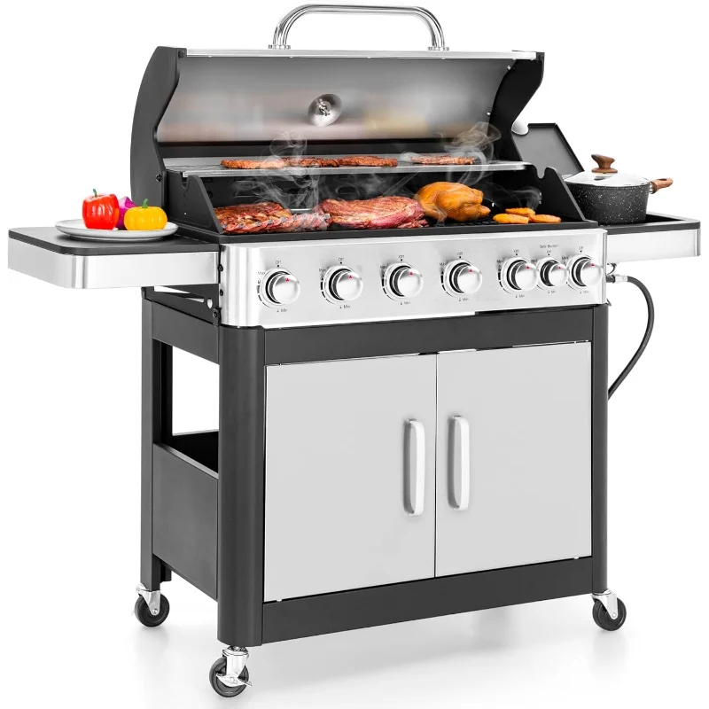 MFSTUDIO 6-Burner Propane Gas Grill, Stainless Steel BBQ Grill with Side Burner and Porcelain-Enameled Cast Iron Grates